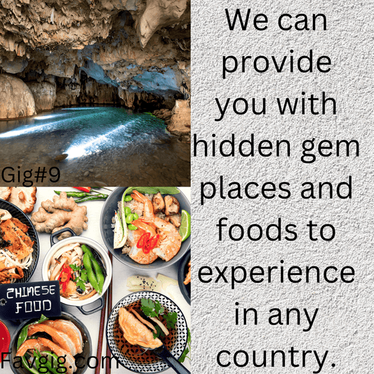 Gig#9: We can provide you with hidden gem places and foods to experience in any country.